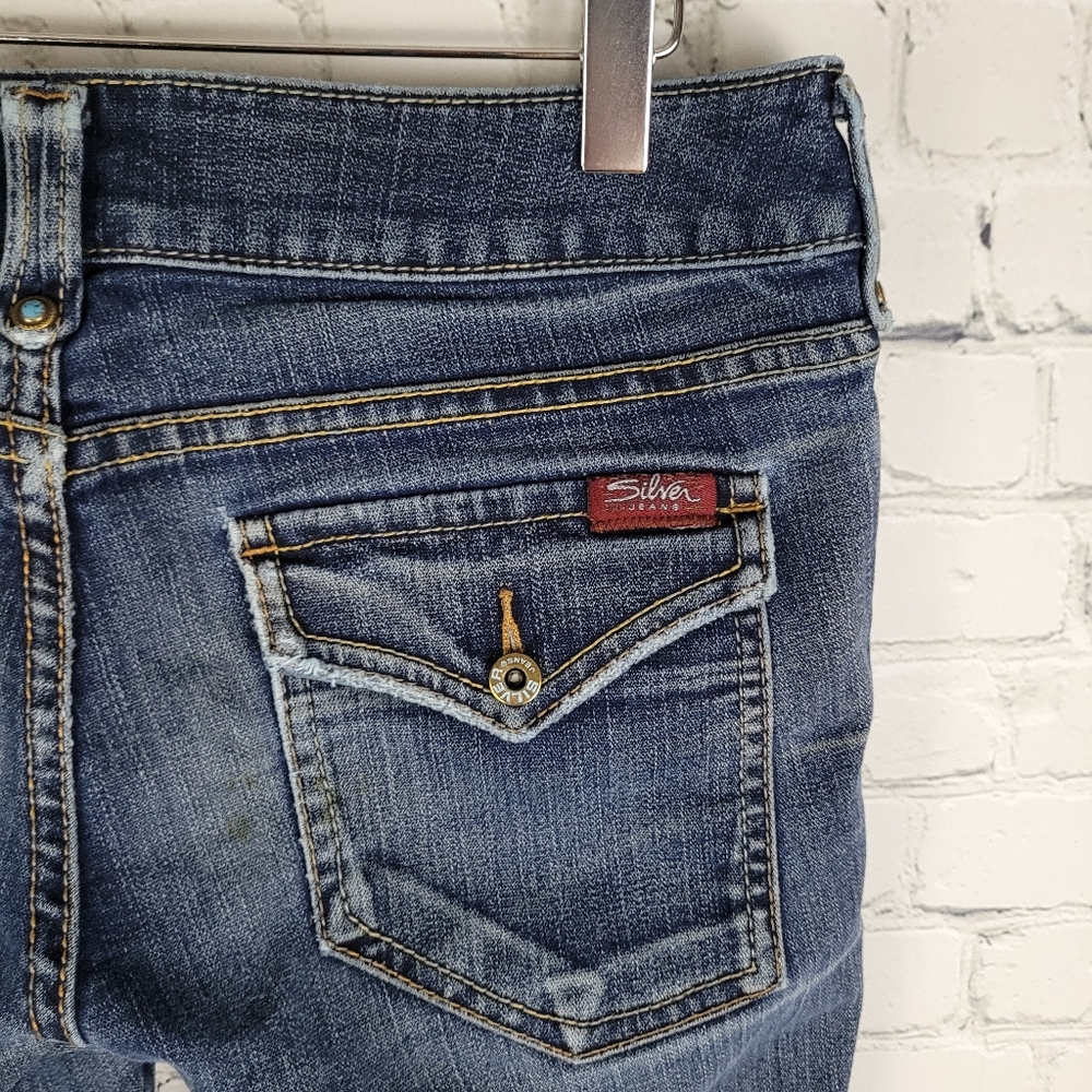 SILVER | Lucy bootcut flap pocket beat-up distressed worn turquoise detail jeans